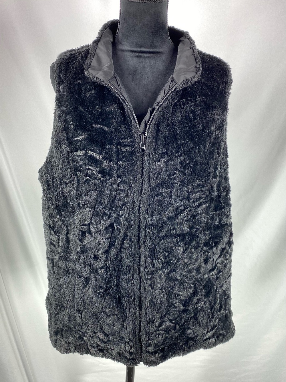 Reversible Black Shearling Style Vest Plush Fleece Quilted Full Zip XL